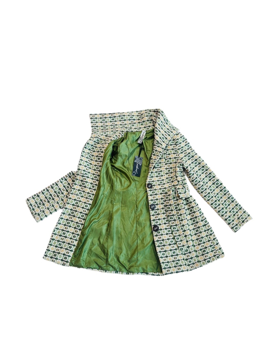 Green, Yellow, and Cream Geometric Pattern Belted Trench Coat Austin Powers Vibe - Picture 10 of 11
